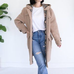 Burberry  100% Wool Beige Duffle Toggle Button Peacoat with Hood Winter Coat